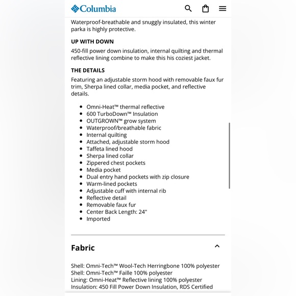 Columbia Boundary Bay Boy’s Jacket (Junior) Down Winter Parka - Picture 6 of 8